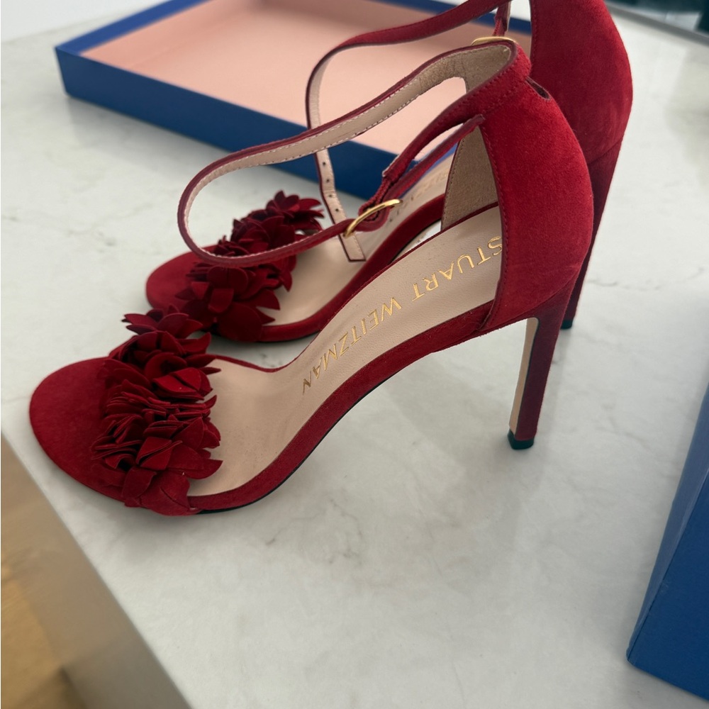 Stuart Weitzman Red Floral Suede Ankle-Strap Heels - Picture 3 of 4